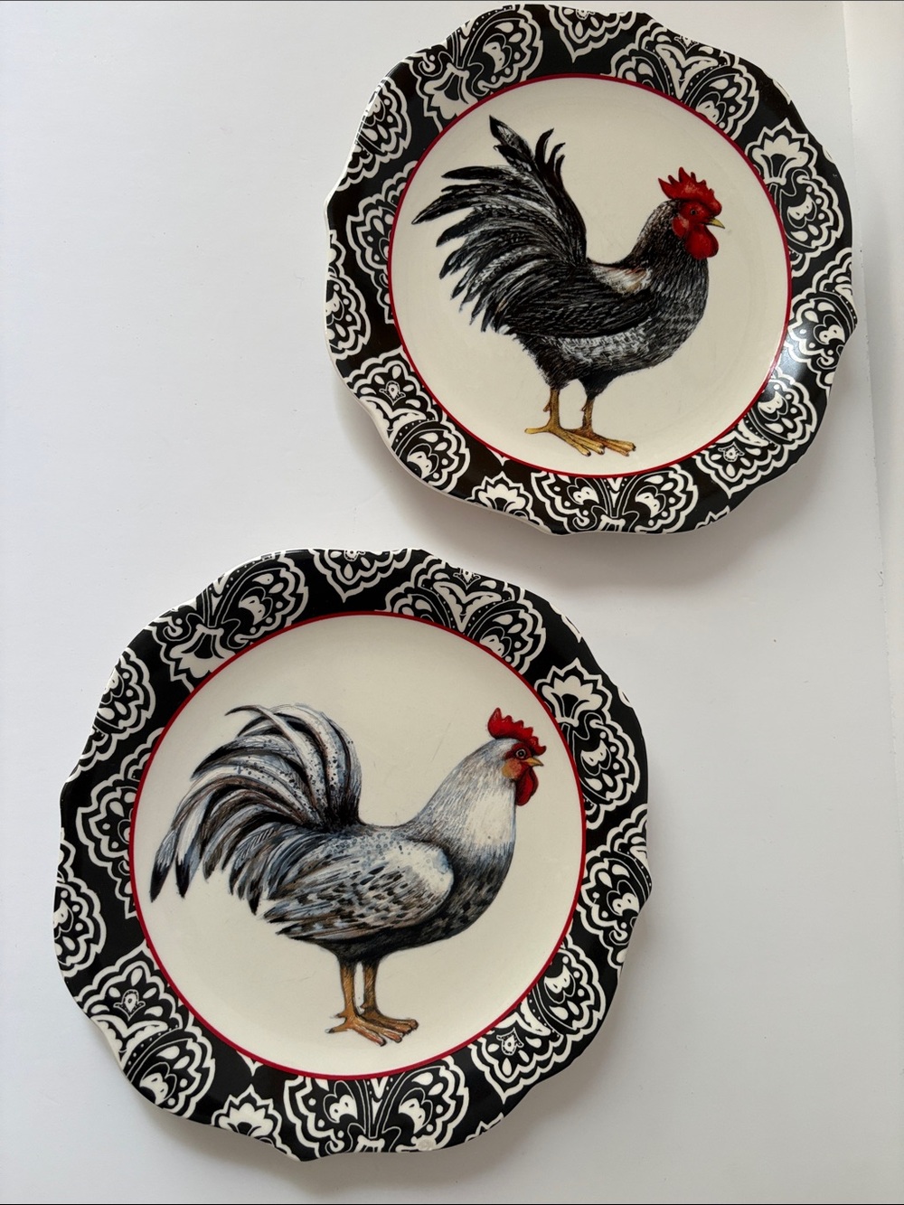 Cracker Barrel black rooster salad plates set of 2 Susan Winget farmhouse.